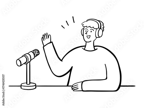 Man Recording a Podcast, Broadcast. Hand Drawn People Illustration.
