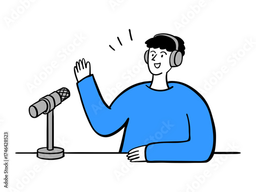 Man Recording Podcast, Live Stream. Hand Drawn People Illustration.
