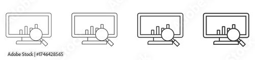 data analysis on computer  icon set collection style outline. Contain monitor, computer, graph, research
