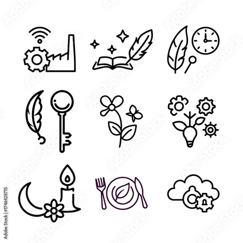 A collection of icons in a minimalist style, featuring symbols for industry, technology, nature, time management, food, and literary and abstract themes