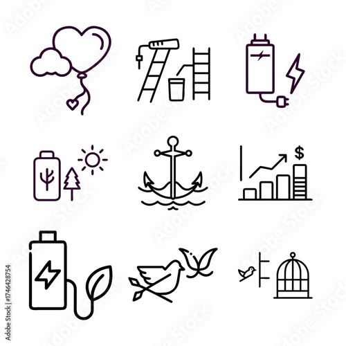 Collection of diverse line art illustrations conveys symbolic themes of love environment construction business and nature with simple graphic style great for web or print use