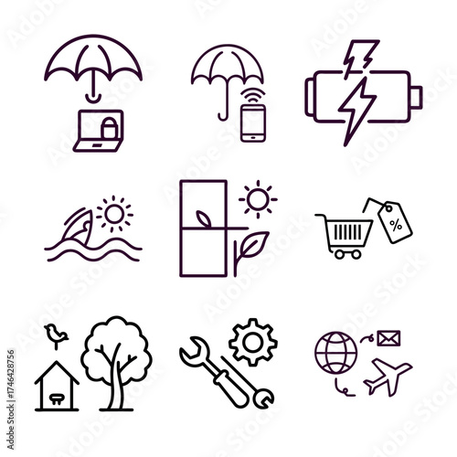 Collection of symbolic line icons representing various themes such as protection nature energy shopping and global communication elements designed with clean lines
