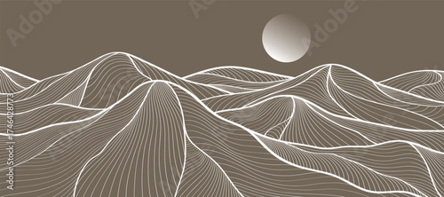 Mountain line art background, luxury wallpaper design for covers, invitation backgrounds, packaging designs, wall art and prints. Vector illustration.