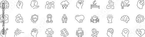  Psychology Line Icon Set. Includes outline icons of brain, mind, behavior, emotions, and mental health. Perfect for therapy, education, and wellness themes Editable stroke 