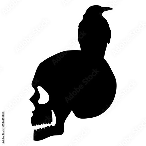 Símbolo pirata. Logo con vista lateral de calavera humana con cuervo negro para felicitaciones y tarjetas de Halloween
