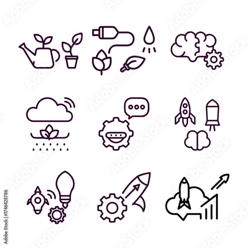 A schematic representation of various concepts including nature, technology, artificial intelligence, growth, and ideas. The images contain a brain, rocket, and plants.