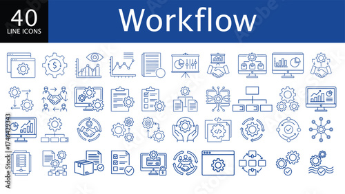 Workflow Line Icons: Business Process Automation, Project Management & Optimization, Vector Set Vector icon set