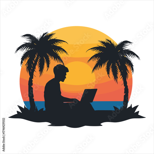 man on the beach sunset and laptop