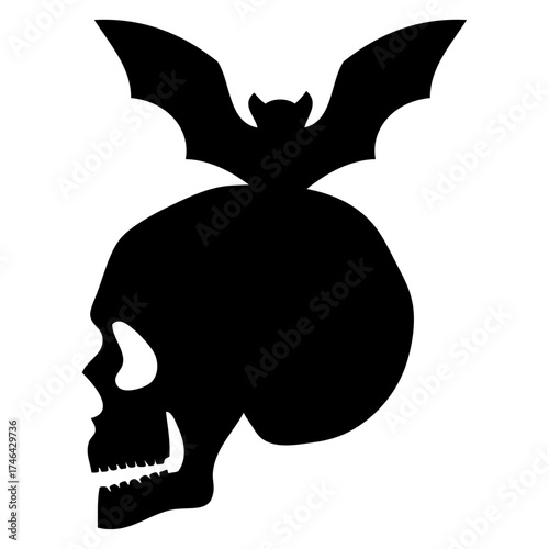 Logo con vista lateral de calavera humana con murciélago para felicitaciones y tarjetas de Halloween	