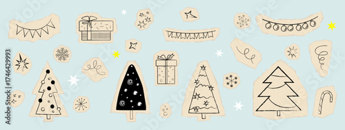 A scrapbook of Christmas elements. Pieces from an old magazine, torn paper, cut out Christmas tree elements, gifts, stars, and candy cane. Chalk or charcoal doodles, stickers for a collage. Vector.