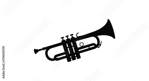 Classic brass trumpet musical instrument silhouette isolated on white with detailed valves and bell silhouette