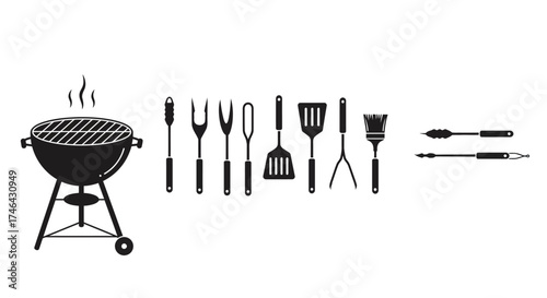 Black and white illustration of a barbecue grill and grilling tools set