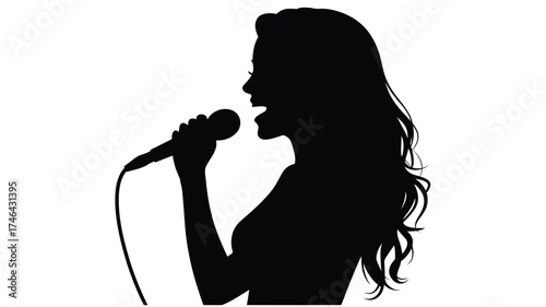 Silhouette of a woman singing passionately into a microphone on a white background