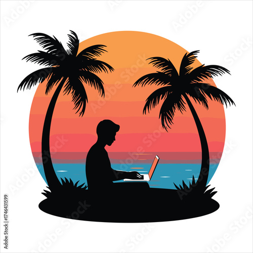 man on the beach sunset and laptop