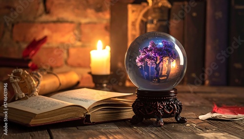 A glowing crystal ball sits on a wooden surface next to an open book, with a candle and other magical items in the background