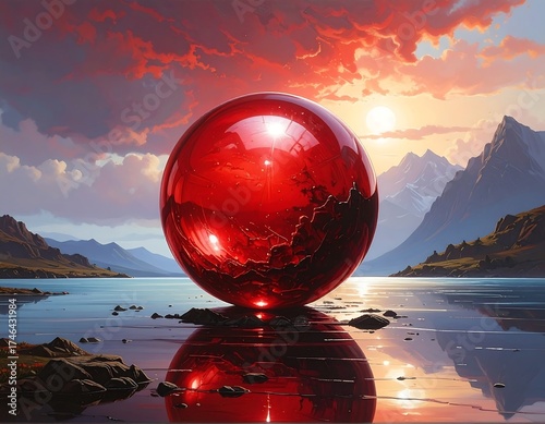 A glowing red sphere floats on a calm lake, reflecting the sunset sky and distant mountains. The orb has a textured section