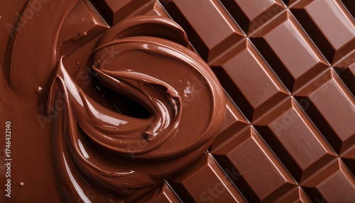 A macro shot showcases luxurious, rich brown chocolate. Some is melted, swirling, & the other piece is a solid bar
