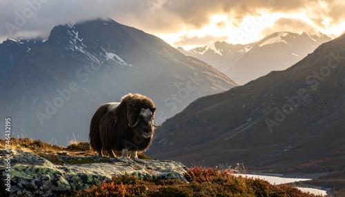 A majestic musk ox stands on a rocky terrain, bathed in golden sunlight against a backdrop of towering, snow-capped mountains