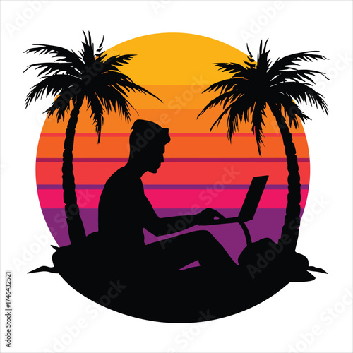 man on the beach sunset and laptop