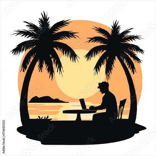man on the beach sunset and laptop
