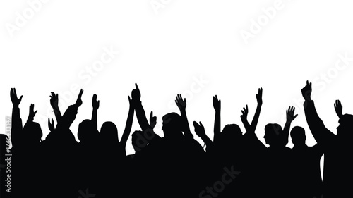 Silhouette of a cheering crowd with hands raised in excitement against a white background