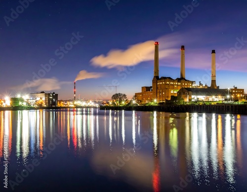 A nocturnal shot of an industrial power plant with tall chimneys, emitting smoke, reflected on a calm river's surface under a starry sky