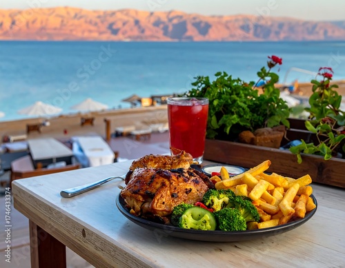 A plate of grilled chicken, fries, and broccoli sits on a table with a drink, overlooking a beautiful beach. Mountains are in the background