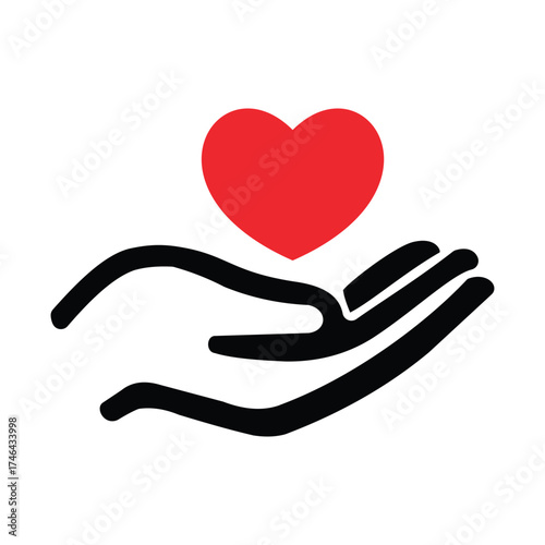 Helping hand with heart charity icon in red and black vector