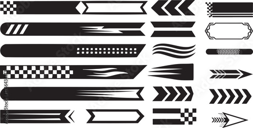 Racing car elements and stripe decal set checkered flags, start finish line marks, motocross labels, dynamic speed lines and motorsport inspired sport decals vector illustration. eps