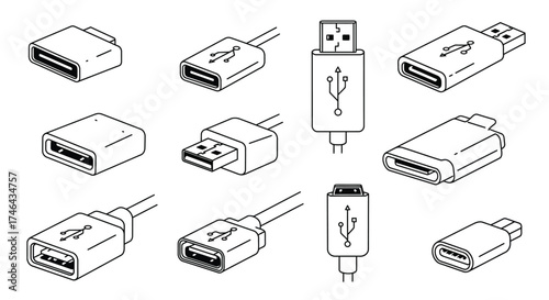 Variety of usb connectors and ports in a black and white illustration