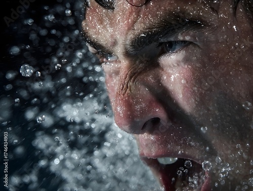 Intense close up of a face during a dynamic sports action with water droplets frozen in mid air