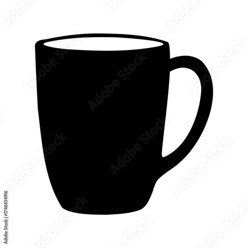 Stylized minimalist vector illustration of a black coffee cup with handle