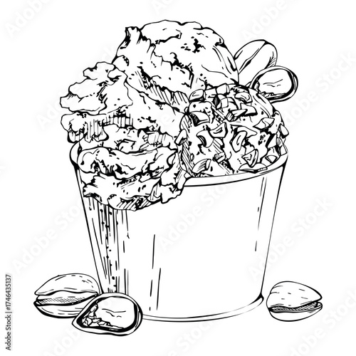 Scoop of gelato ice cream in plain takeaway paper cup with crushed pistachio nuts topping. Vector graphic illustration hand drawn in pen and ink. Summer fair print, sweet snack, street vendor stall