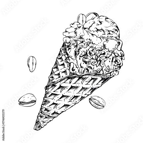 Ice cream gelato scoop in waffle cone sprinkled with crushed pistachio nuts topping. graphic illustration hand drawn in vector ink. Dessert topping art, flavor pairing decor, frozen snack menu insert