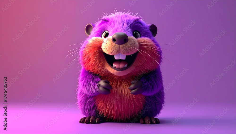 Fototapeta premium Happy Fluffy Animal with Big Teeth and Colorful Fur