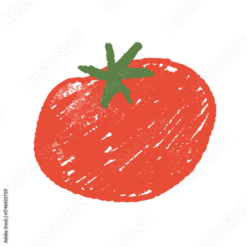 A tomato drawn with chalk. Cute childish hand-drawn illustration on blackboard texture. Simple naive drawing style perfect for school design, kids’ projects, education materials