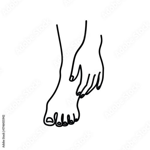 Minimalist line art drawing of a hand gently touching a bare foot and ankle