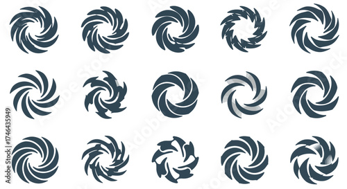 Arrangement of dark blue swirling vortex shapes on a white background