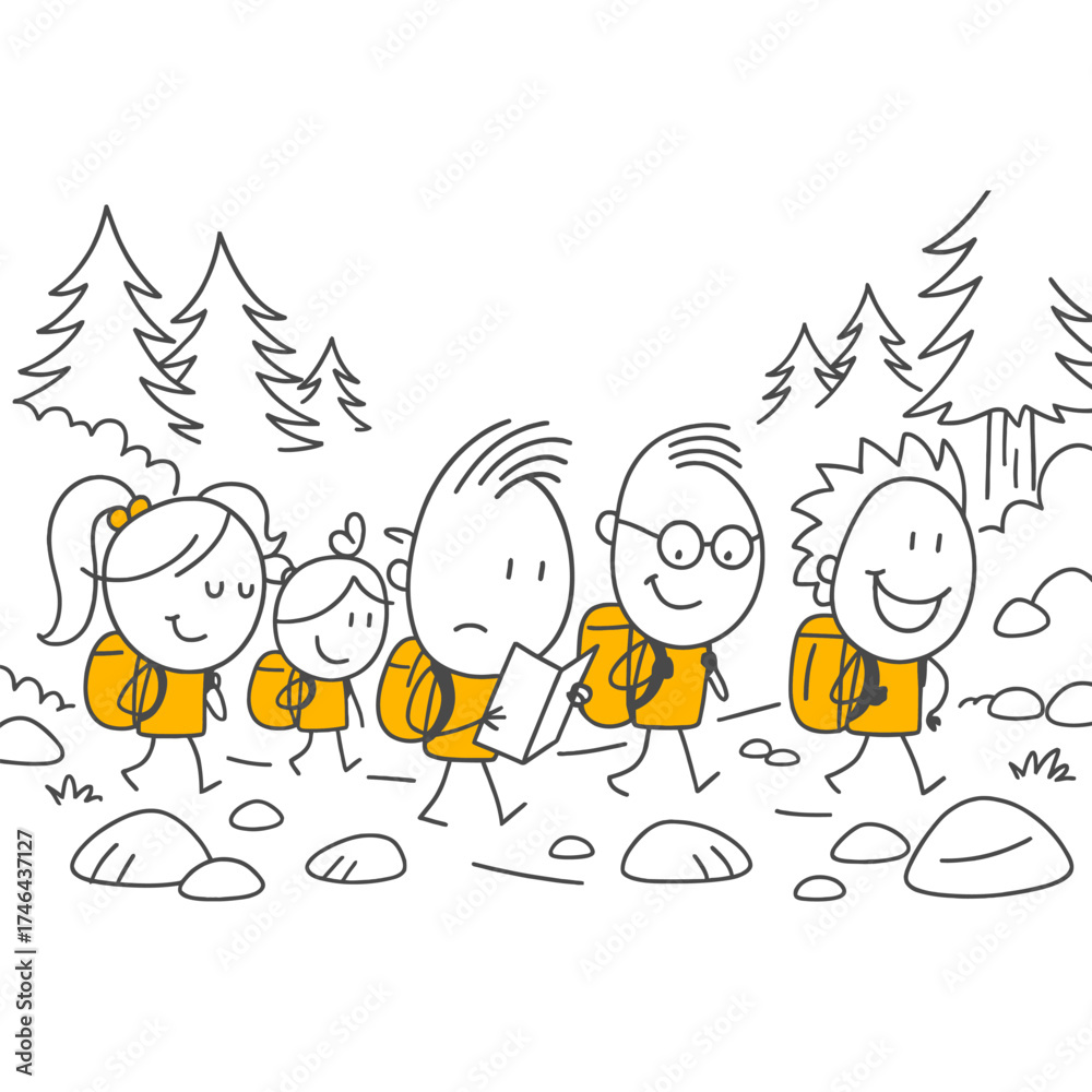 Fototapeta premium The Journey Begins Group Hike on Forest Paths The Cheerful Strides of the Leader with Glasses and Their Companions.