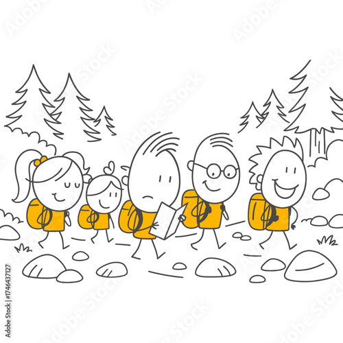 The Journey Begins Group Hike on Forest Paths The Cheerful Strides of the Leader with Glasses and Their Companions.