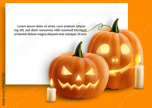 Celebrate poster banner of Halloween holiday with pumpkin's devil, Jack o' lantern in 3d vector style and example texts on orange background.