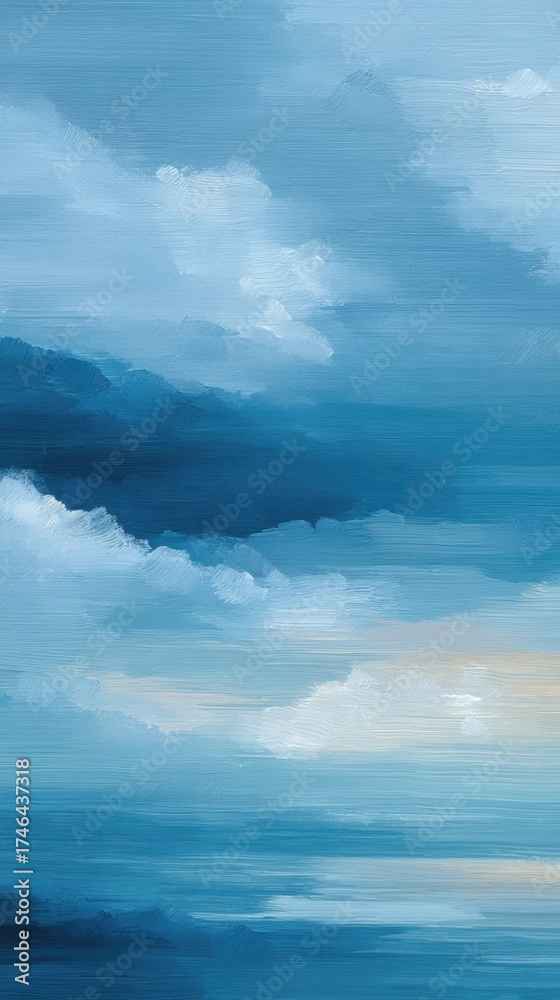 Obraz premium A serene abstract painting featuring varying shades of blue and soft clouds, evoking a tranquil sky and calm waters.
