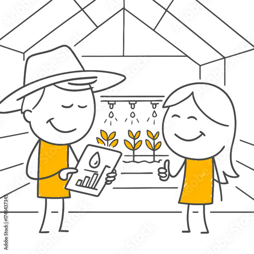 Two Business Partners Discussing Smart Farming Efficiency in a Modern Greenhouse The Growth Report Indicates Success.
