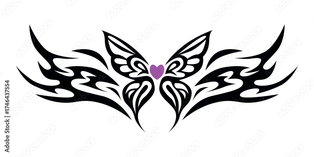 Fototapeta premium Butterfly Tribal Tattoo with Heart Vector Illustration. Butterfly tribal tattoo design featuring a pink heart at the center.