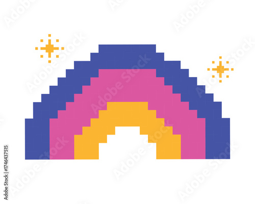 Colorful Pixel Rainbow with Sparkles Isolated Vector Illustration. Bright digital pixel art rainbow illustration with vivid colors of blue, pink, and yellow, accentuated by pixelated sparkles.