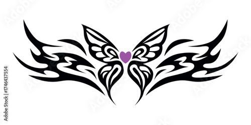 Butterfly Tribal Tattoo with Heart Vector Illustration. Butterfly tribal tattoo design featuring a pink heart at the center.