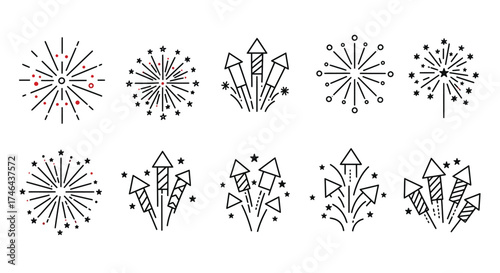 Collection of hand drawn firework and rocket illustrations in black and white