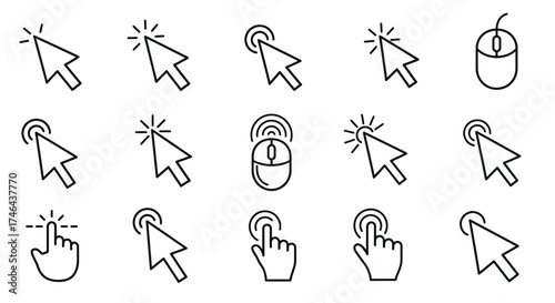 Collection of various black and white computer cursor and mouse icons