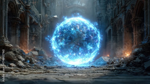 Mystic Energy Sphere in a Ruined Ancient City Landscape