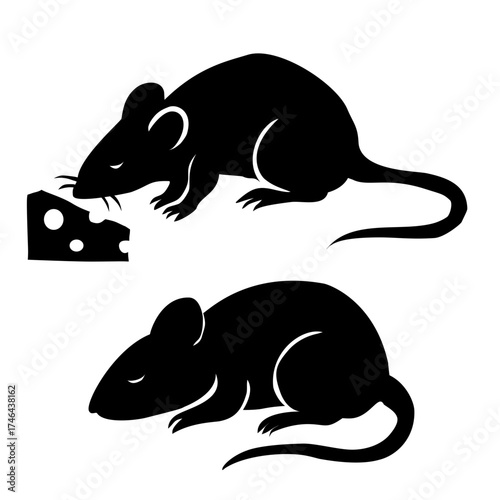 Set of two black rat silhouettes — one sniffing cheese and one resting — representing curiosity, calmness, and simplicity in minimalist vector art.